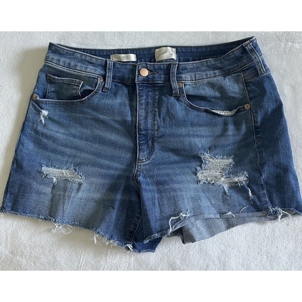 Universal Thread High Rise Midi Denim Shorts Size 14 Distressed Cutoff Raw Hem